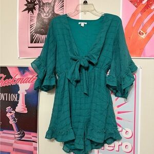 Green Ruffle Sleeve romper with Bow
